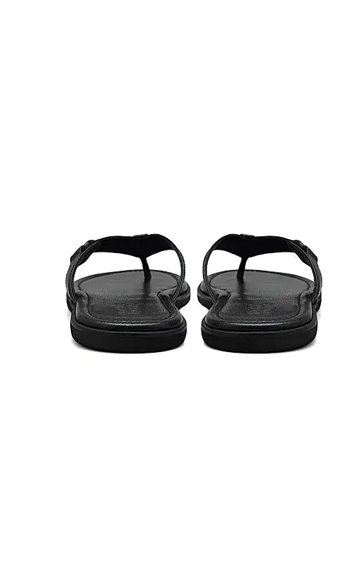 Black Textured Leather Thong Slippers