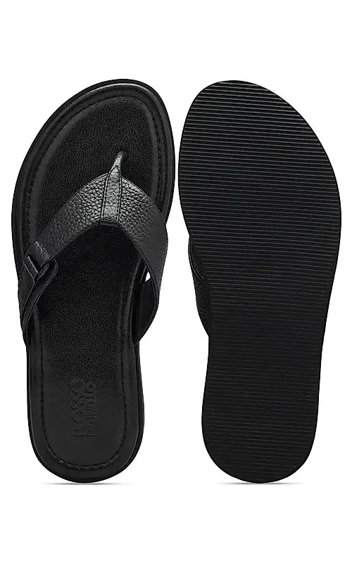 Black Textured Leather Thong Slippers