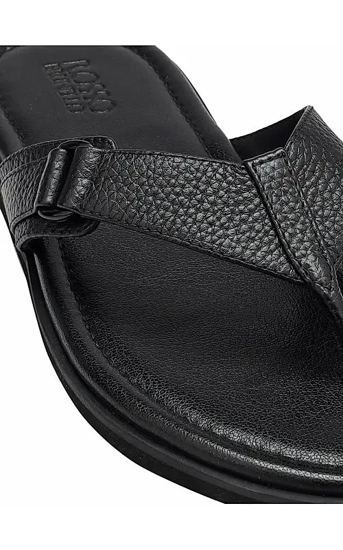 Black Textured Leather Thong Slippers
