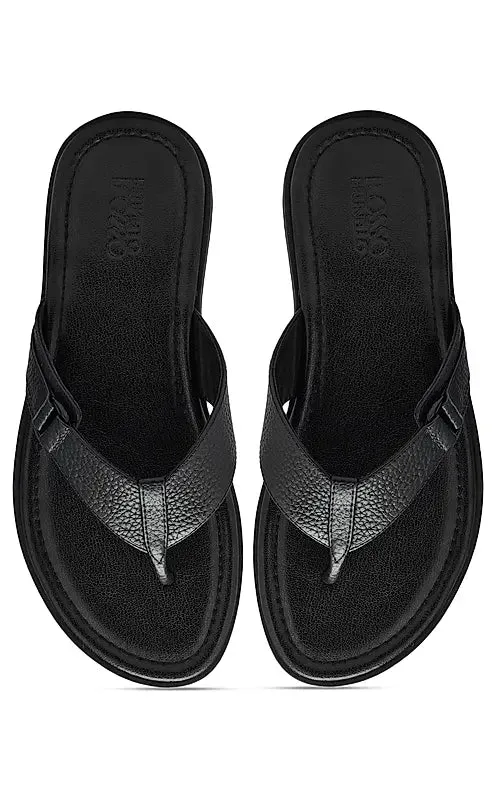 Black Textured Leather Thong Slippers