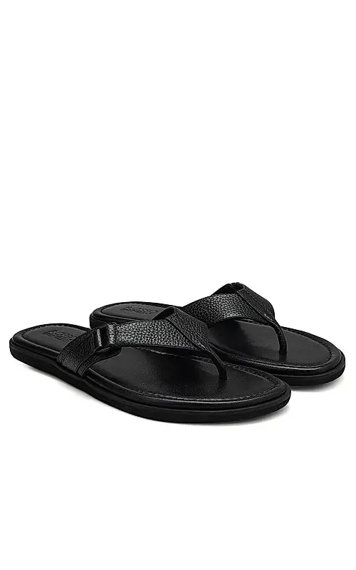 Black Textured Leather Thong Slippers