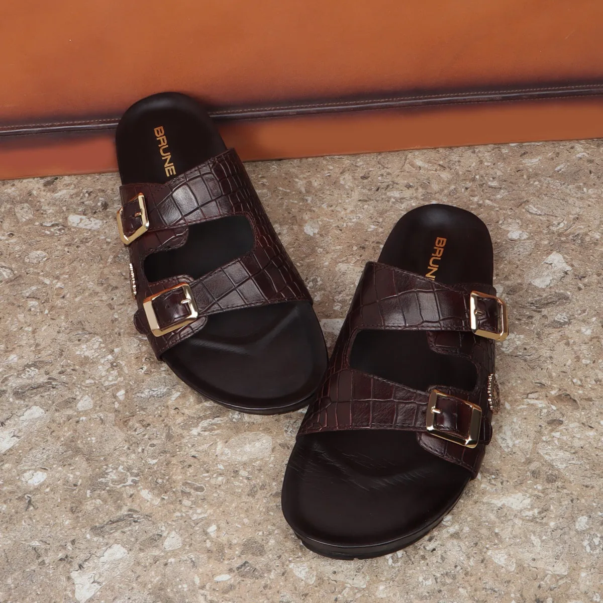 Footbed Slippers in Dark Brown Croco Textured Leather