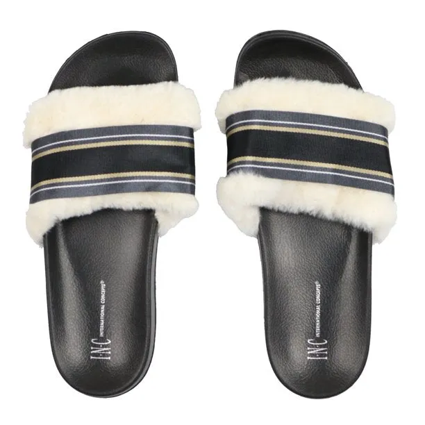 INC International Concepts Women's Faux Fur Varsity Slide Slippers Black
