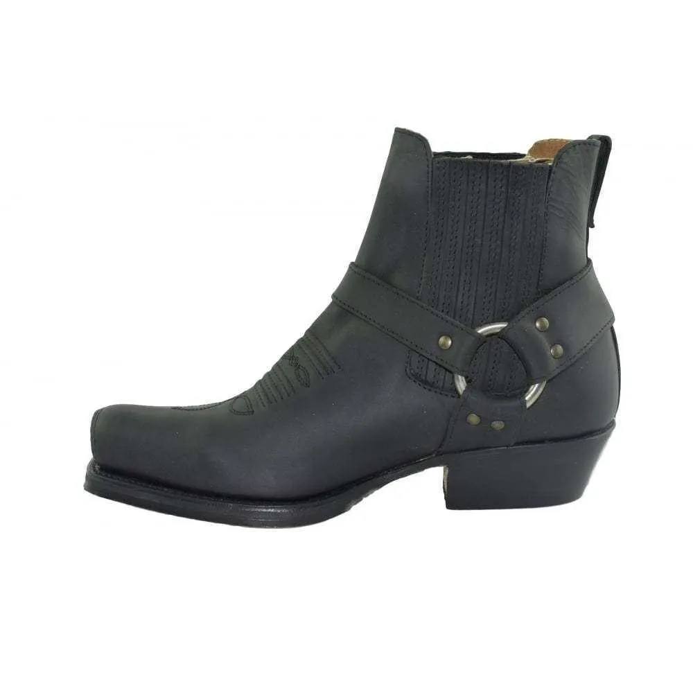 Loblan 515 Leather Black Cowboy Boots Biker Western Square Toe Ankle Boot