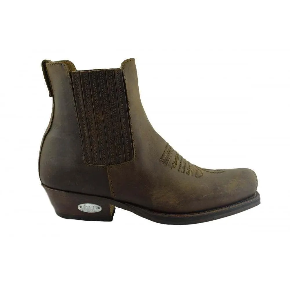 Loblan 517 Leather Brown Cowboy Boots Biker Western Square Toe Ankle Boot
