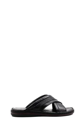 Men's Black Leather Crisscross Slide Slippers with Textured Straps and Cushioned Sole - Wessi