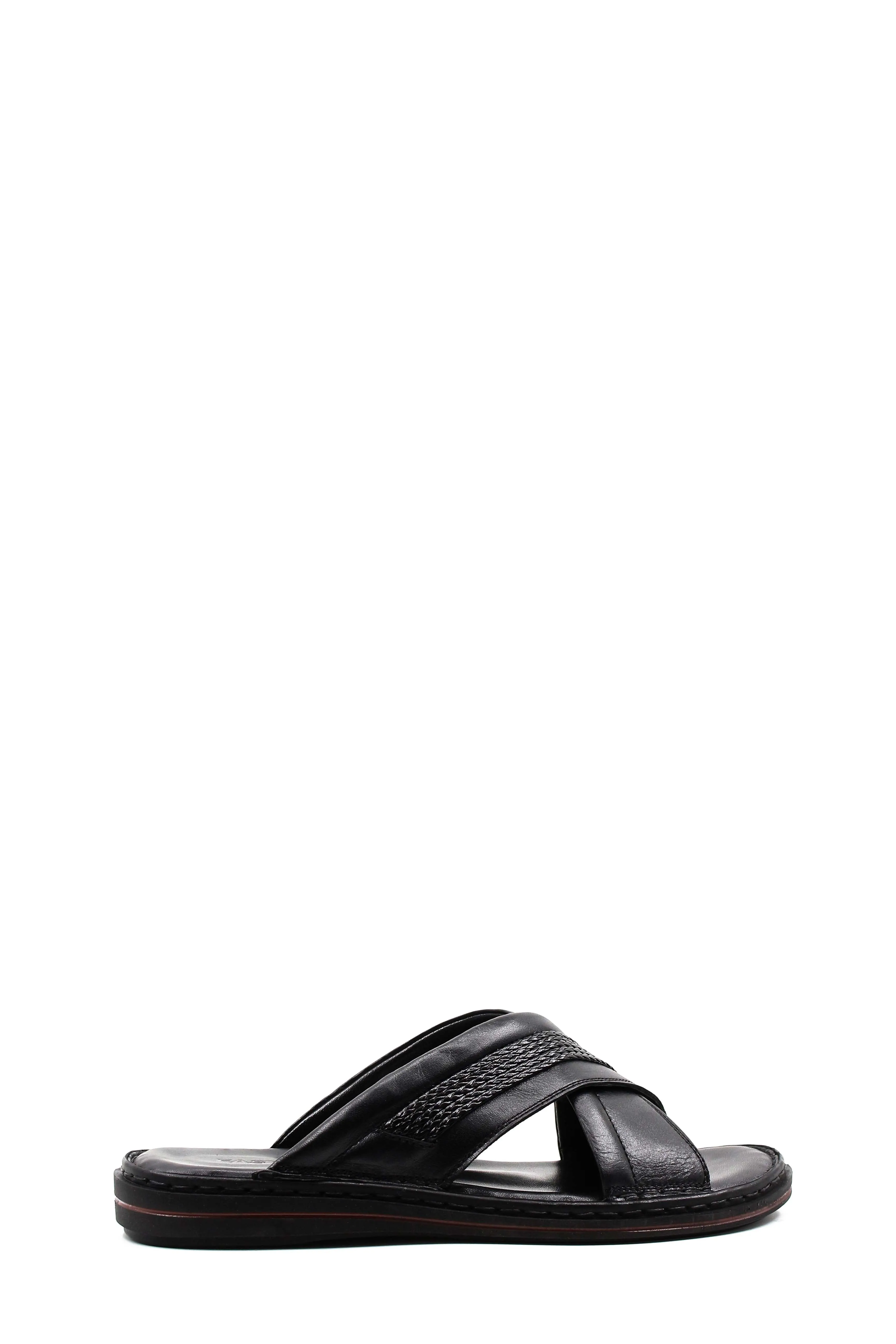 Men's Black Leather Crisscross Slide Slippers with Textured Straps and Cushioned Sole - Wessi