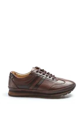 Men's Brown Leather Lace-Up Sneakers with Cushioned Sole - Wessi