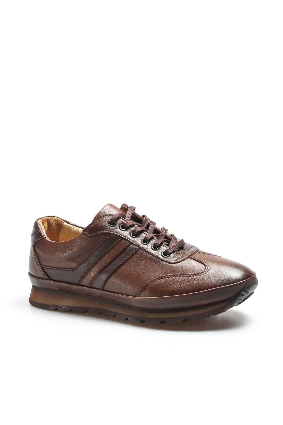Men's Brown Leather Lace-Up Sneakers with Cushioned Sole - Wessi