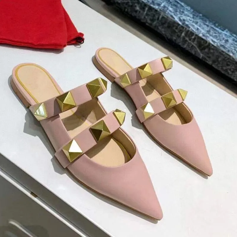 Pointed Rivet Sheepskin Flat Slippers Women's